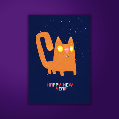 cat,happy new year,postal card