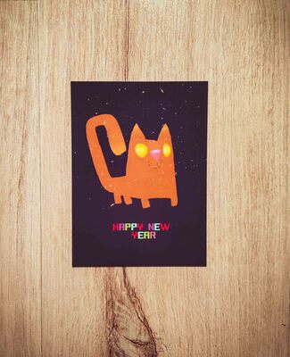 کارت پستال تبریک سال نو با طرح گربه فانتزی 