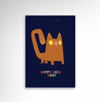 کارت پستال تبریک سال نو با طرح گربه فانتزی